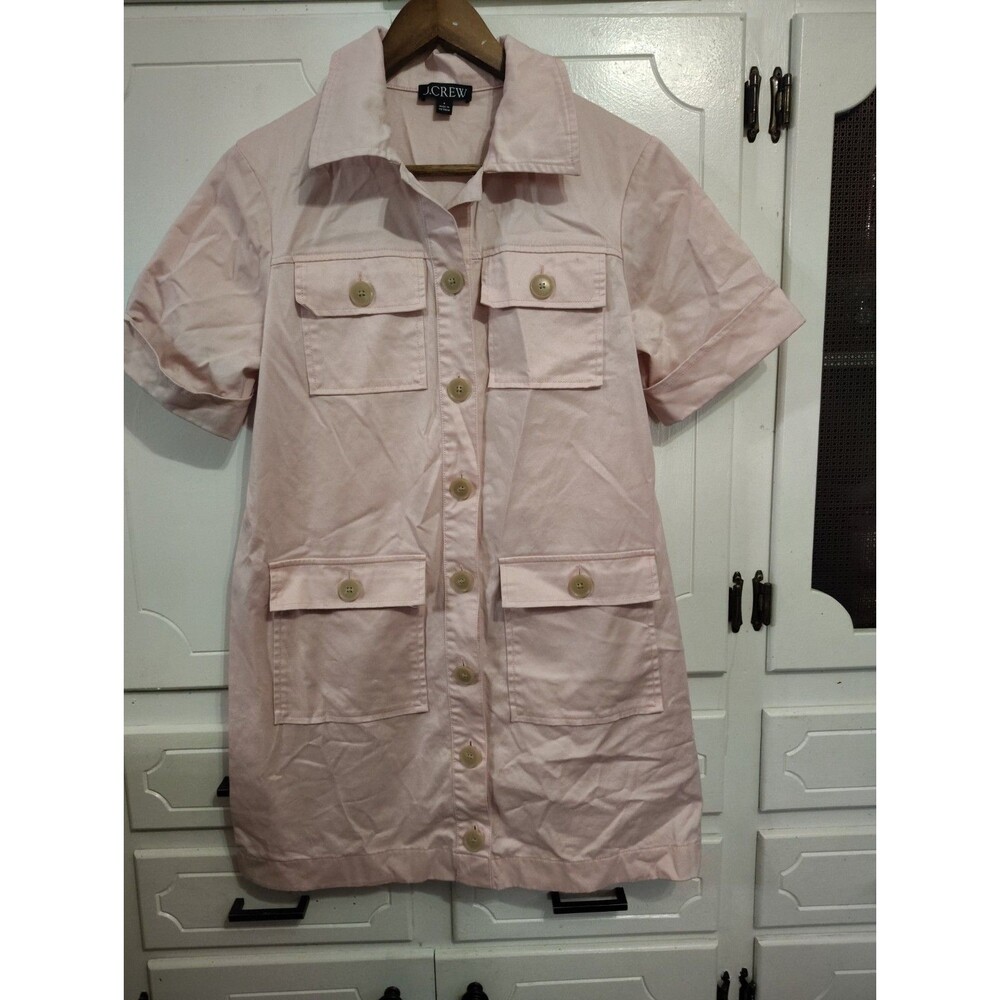 J. CREW Gamine Shirt Dress in Pink  Gold Crest Button Short Sleeve Size 4